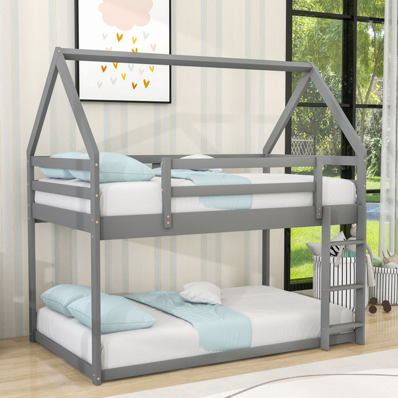 Twin Over Twin Wood Low Bunk Bed With Ladder And Guardrails, House-Shaped Design, Gray