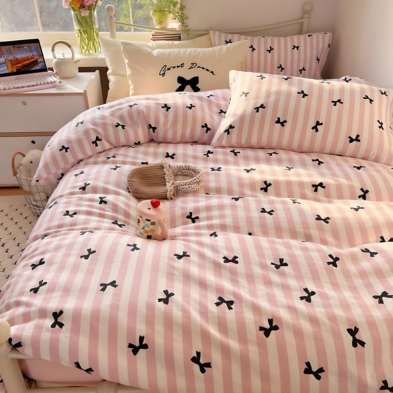 Nayoroom Cute Bowknot Cartoon Duvet Cover Set Bowknot Polka Dot On Abstract Striped Comforter Cover Zipper Closure For Kids Girls Boys Woman