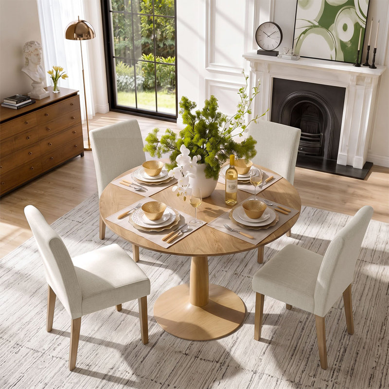 Ensemble de table et de chaises pour 4 personnes avec table ronde et 4 chaises rembourrées à pieds en bois massif, Beige
