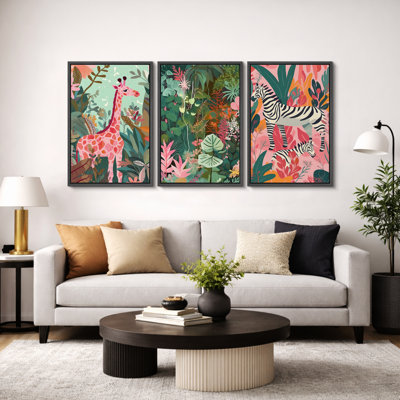 Bright Preppy Animals "Dreamy Safari Pink Green Animal Illustration Artwork, Boho Nursery Kid's Room Decor Wall Pictures, Framed Canvas Giclée Print 3 Pieces Wall Art x3 pcs