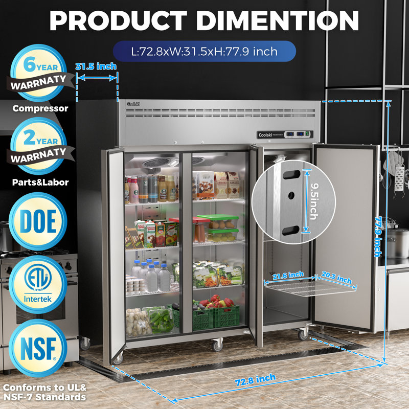 54 Cu.ft 3 Section Commercial Refrigerator And Freezer Combo, Reach In Freezer, 72"