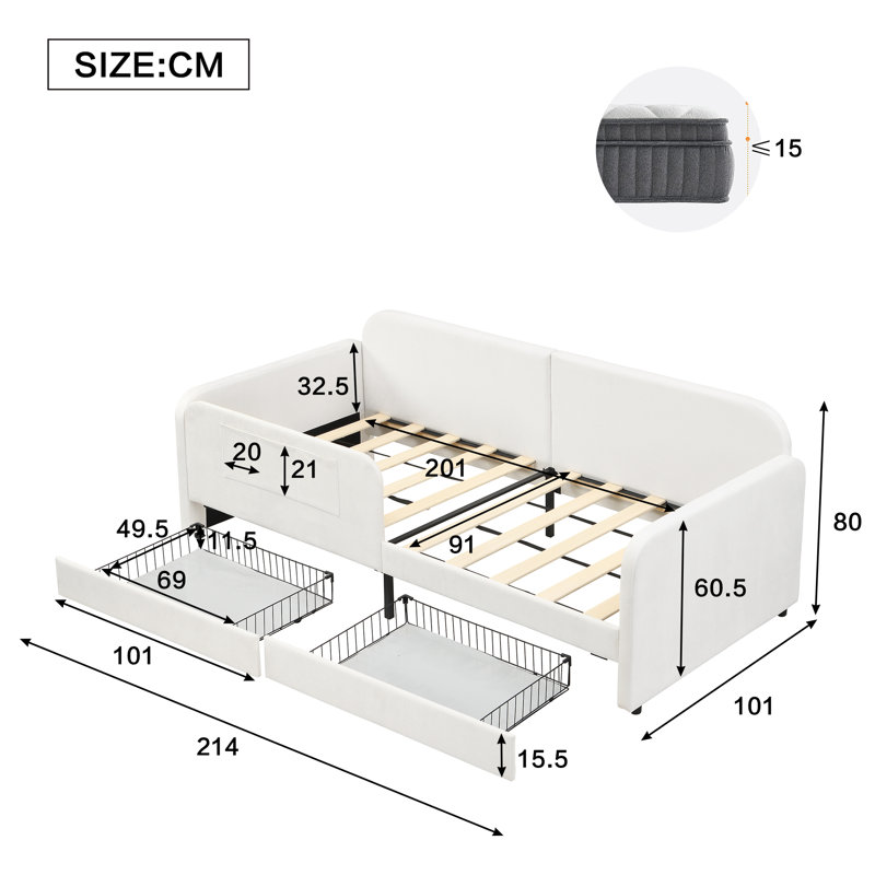 Daybed 90 x 200 cm With Drawers