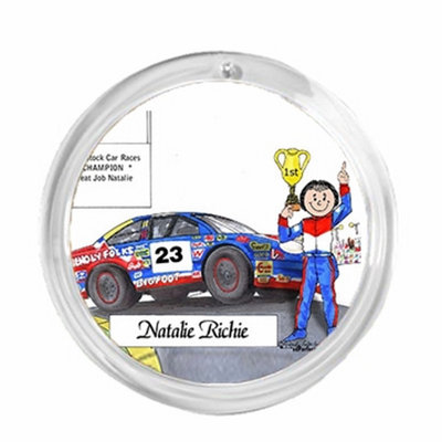 Personalized  Round Christmas Ornament:  Race Car Driver, Stock - Female