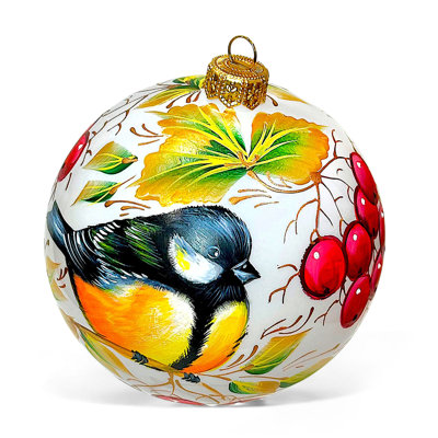 Collectible Hand-painted Glass Ornament – Rowanberry Chickadee | Lilyian 360° Holiday Design