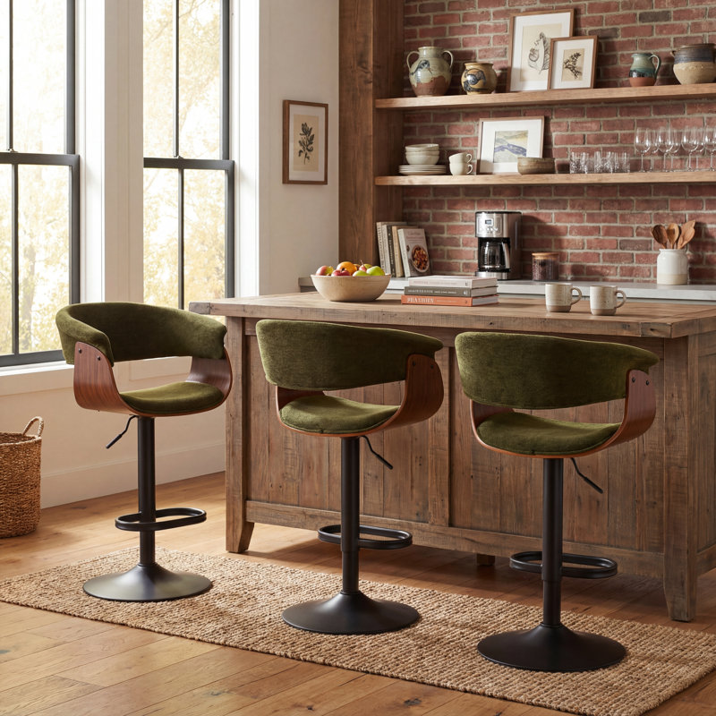 Adjustable Height Bar Stools With Fabric Seat Swivel Stool With Backrest For Kitchen Island, Bar, Home Pub​​, Green, 3