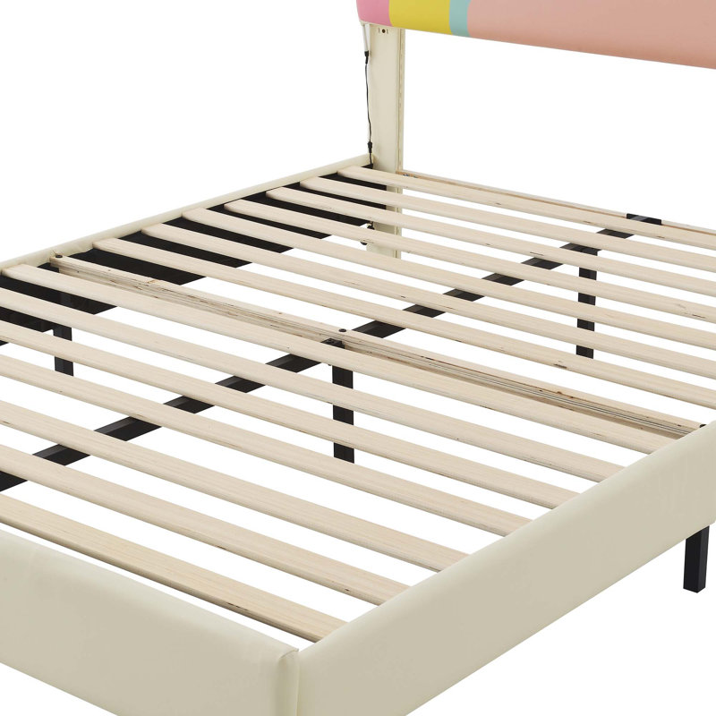 Full Size Upholstered Platform Bed With Rainbow Shaped And Height-Adjustbale Headboard,LED Light Strips