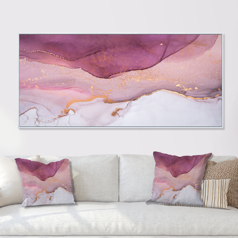 Rose et ondulations de marbre doré - impression sur toile, Cadre blanc, H 30 po x l 40 po x P 1,5 po
