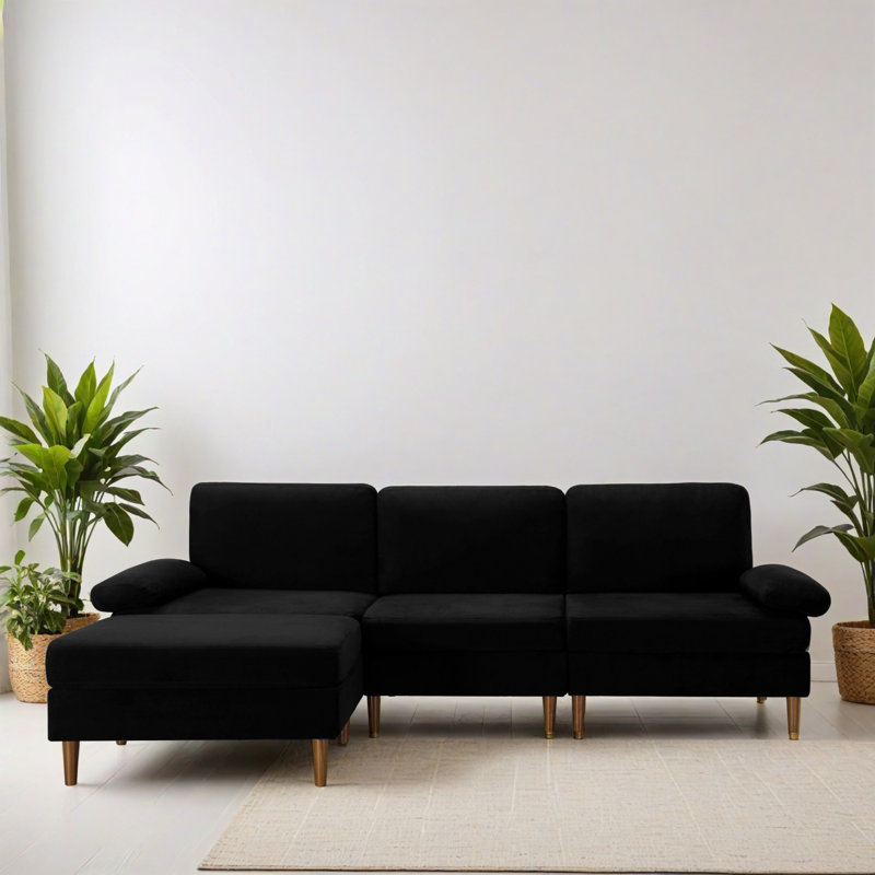 102.42" Reversible L-Shaped Sectional Sofa with Ottoman for Living Room, Black
