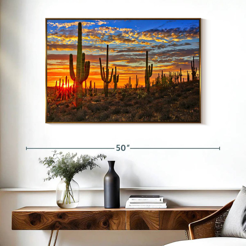 Cactus coucher de soleil, Cadre flottant doré, 40 po x 27 po