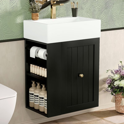 Meuble-lavabo de 20 pouces avec lavabo en céramique, armoire de rangement en panneau de fibres à densité moyenne avec tiroir, tablette latérale et poignée dorée - meuble-lavabo moderne pour les petites salles de bain