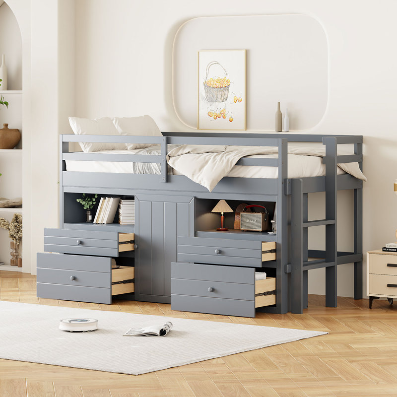 Ilsefriede Kids Twin Loft Bed with Drawers, Gray