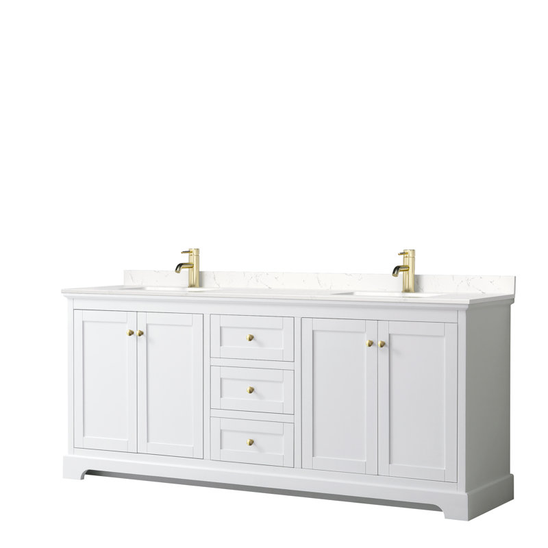 Ensemble de meuble-lavabo double 80 po Avery, Blanc, Marbre de culture de Carrare veiné clair, Or brossé