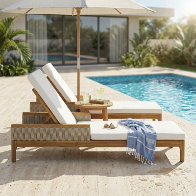 Outdoor Acacia Wood Chaise Lounge with Adjustable Backrest and Water-Repellent Cushion