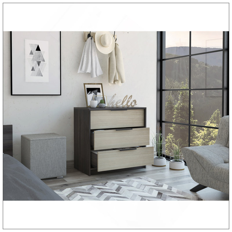 Commode 3 tiroirs Kaia, plateau supérieur, Gray/Beige