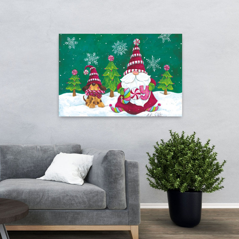Bonbon joyeux chiot et gnome de Noël fantaisiste abstrait arbre de Noël contemporain paysage d'hiver, H 32 po x l 48 po