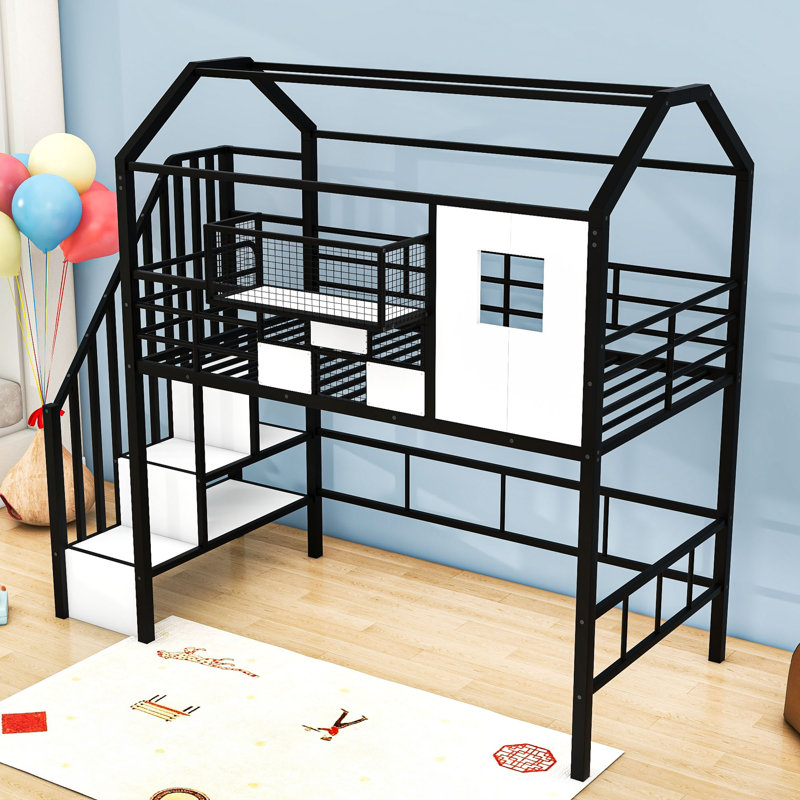 Twin Metal Loft Bed With Shelves And Storage Box, Roof Design, Black