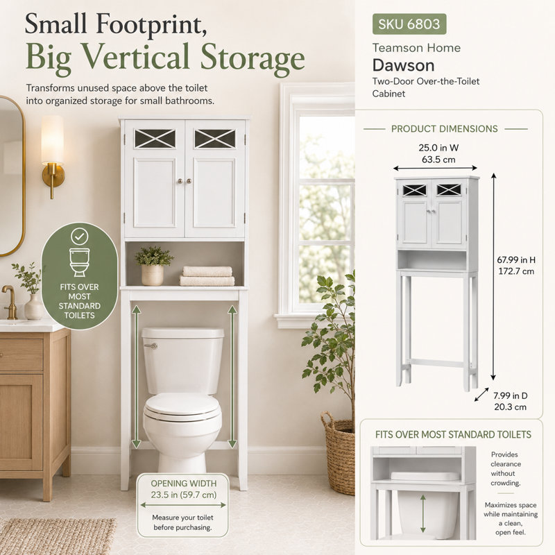Woodley Removable Over-the-Toilet Bathroom Storage Cabinet with Glass Panel Doors, Adjustable Shelf & Open Shelf, White