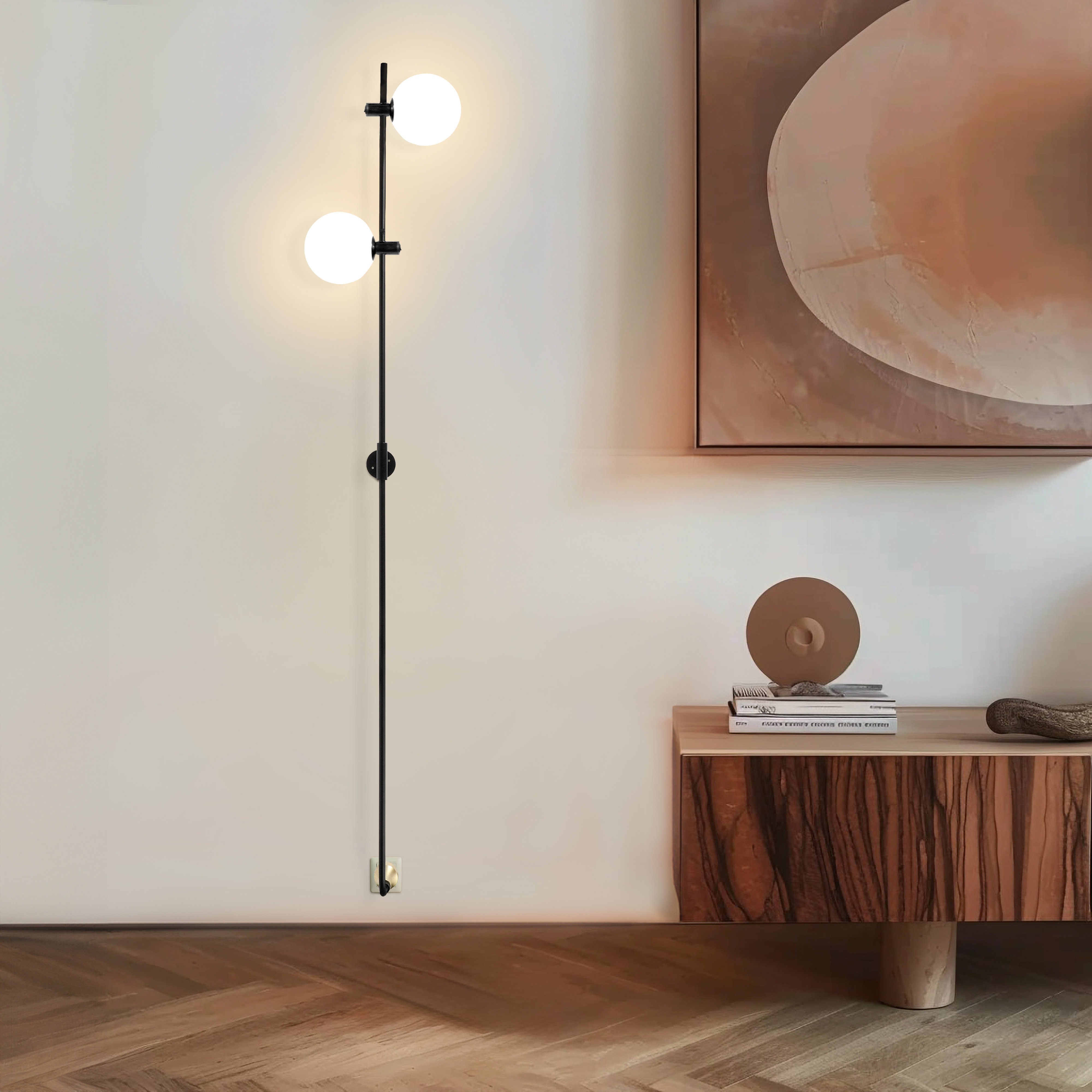 Equinox 62 in. Industrial Modern Wall Plug-In Sconce Lamp with Adjustable Heads and Frosted Globe Shades - Integrated Energy-Saving LED Light