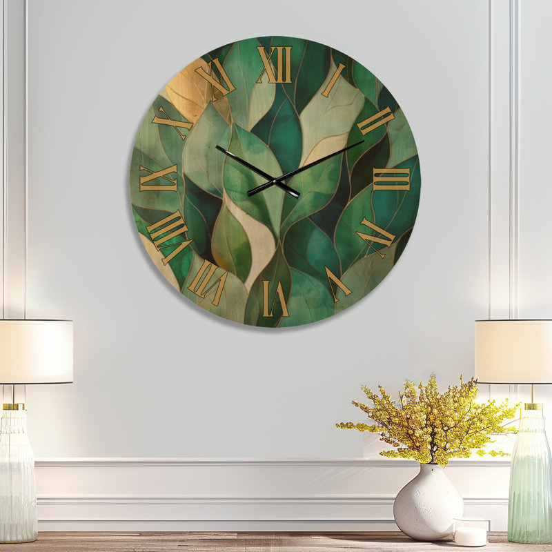Horloge murale silencieuse Art Déco « Cascade de feuilles d'émeraude », imprimée sur bois, Large