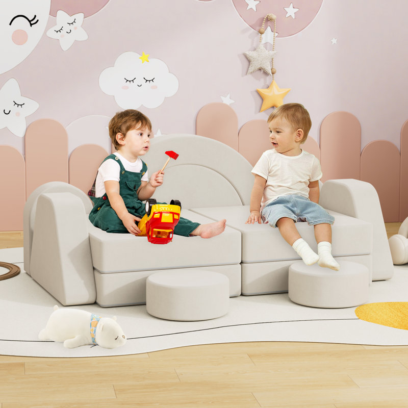 Velvet Modular Kids Play Couch, Kids Toddler Couch, Sectional Sofa, Beige