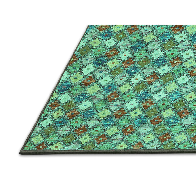 Tapis vert / brun en laine et polyester tissé à la machine Ikat