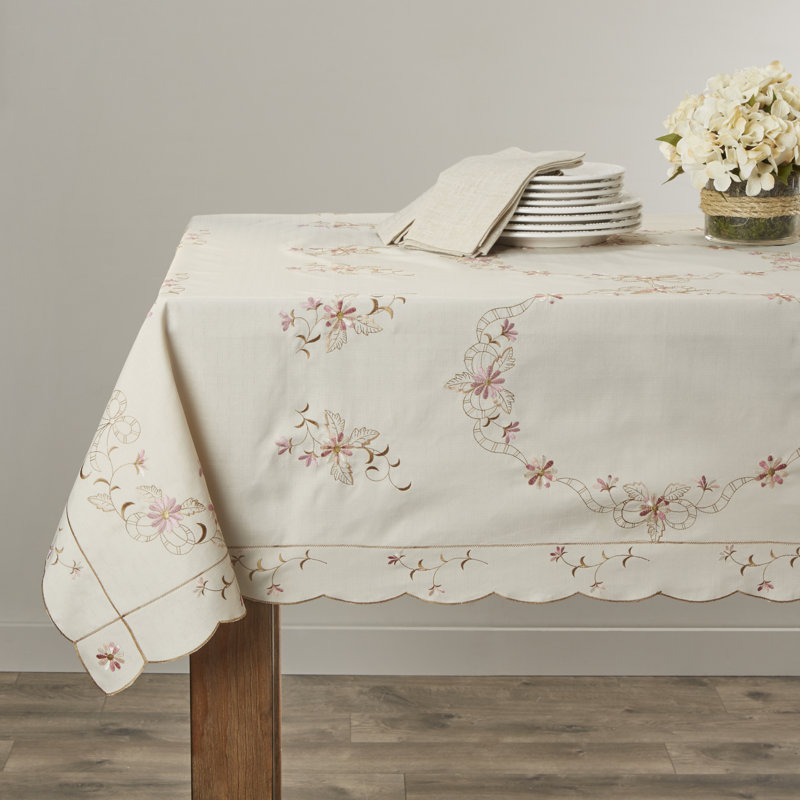 Mendivil Floral Tablecloth, 70" W x 108" L, White