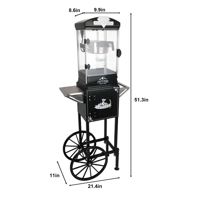 Machine à maïs soufflé 10 pièces avec chariot, roues et 3 cuillères à mesurer en plastique Vintage, Black