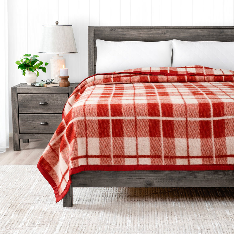 Couverture 100% laine vierge Lyon, Grand, Naturel / rouge