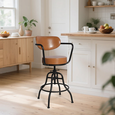Industrial Bar Stool With Leather Backrest And Cushions 21.7-25.6Inch Height Adjustable Rustic Swivel Office Chairs Vintage Pub Stools For Kitchen Island Dining Room Living Room