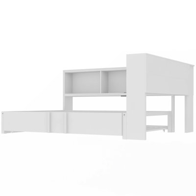 Lit de jour en métal avec couchette, armoires de rangement et ports USB, blanc