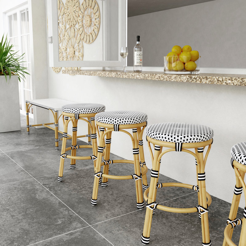 Tobias Outdoor Rattan and Metal Counter Stool, Black/White