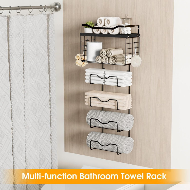 Porte-serviettes mural à 6 niveaux avec tablettes flottantes, porte-serviettes de salle de bain multifonctionnel pour serviettes roulées ou pliées, rangement en métal et en bois peu encombrant