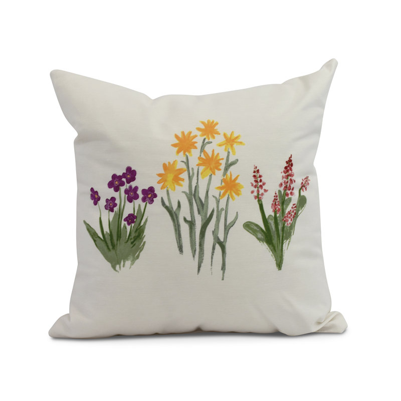 Farmers Market Flower Trio Outdoor Square Pillow Cover and Insert, Purple/Yellow, 18" x 18"