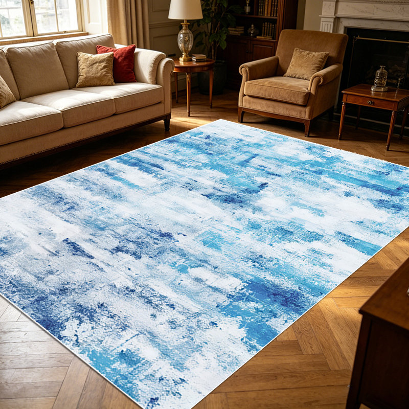 1PC Blue Abstract Distressed Brush Stroke Watercolor area rugs for Living Room, Soft and Comfortable, Suitable for all seasons, easy-to-maintain, machine washable Indoor floor mat, Under Table Farmhouse suitable for dining table, bedroom, kitchen.