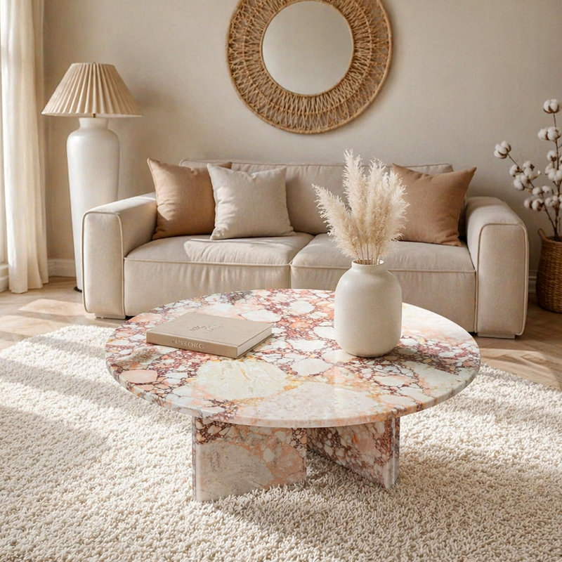 Table basse de luxe en marbre naturel rose, petite table de salon avec surface polie, pierre véritable