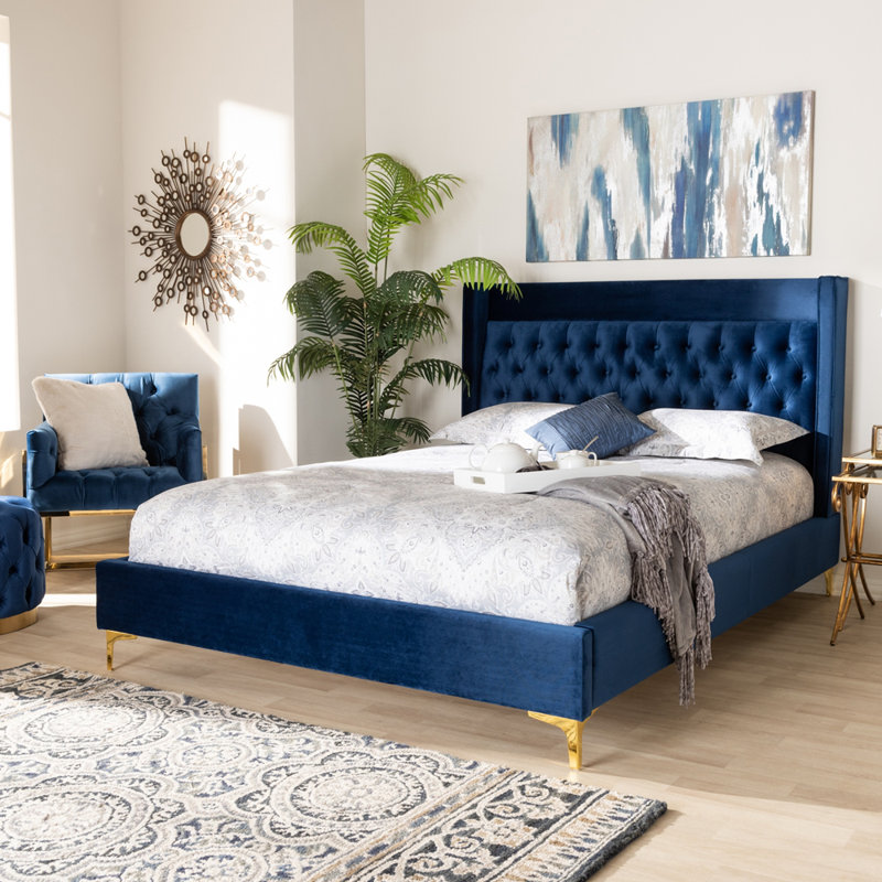 Lit plateforme tapissier Burleson, Grand, Bleu marine