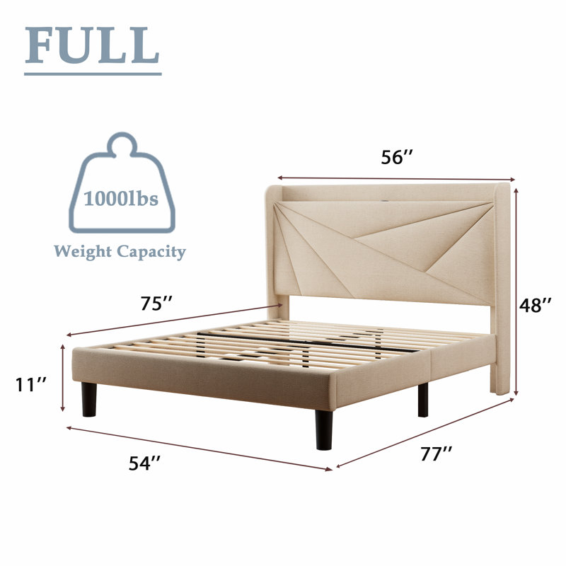 Halence Upholstered Storage Bed Frame with Wingback Headboard, Charging Station, Beige, Full / Double