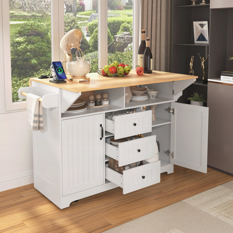 55.7'' Large Kitchen Island With 2 Drop Leaf,Rolling Kitchen Cart On 5 Wheels With Power Outlet, Folding Storage Dining Table With Spice & Towel Rack ,3 Drawers