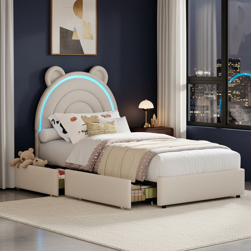 Velvet Upholstered Platform Bed Frame, With 2 Storage Drawers, Light Grey