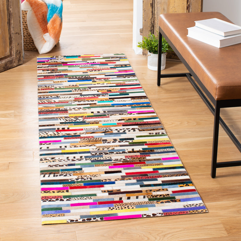 Knightsville Hand Woven Leather/Felted Cloth Animal Print Rug in Ivory/Blue, Runner 2'3" x 7'