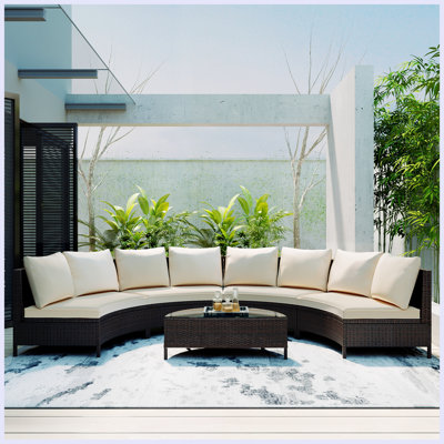 5-Piece Half Moon Outdoor Sectional Sofa Set, Patio All-Weather PE Wicker Furniture With Pillows, Cushions & Half-Moon Tempered Glass Table