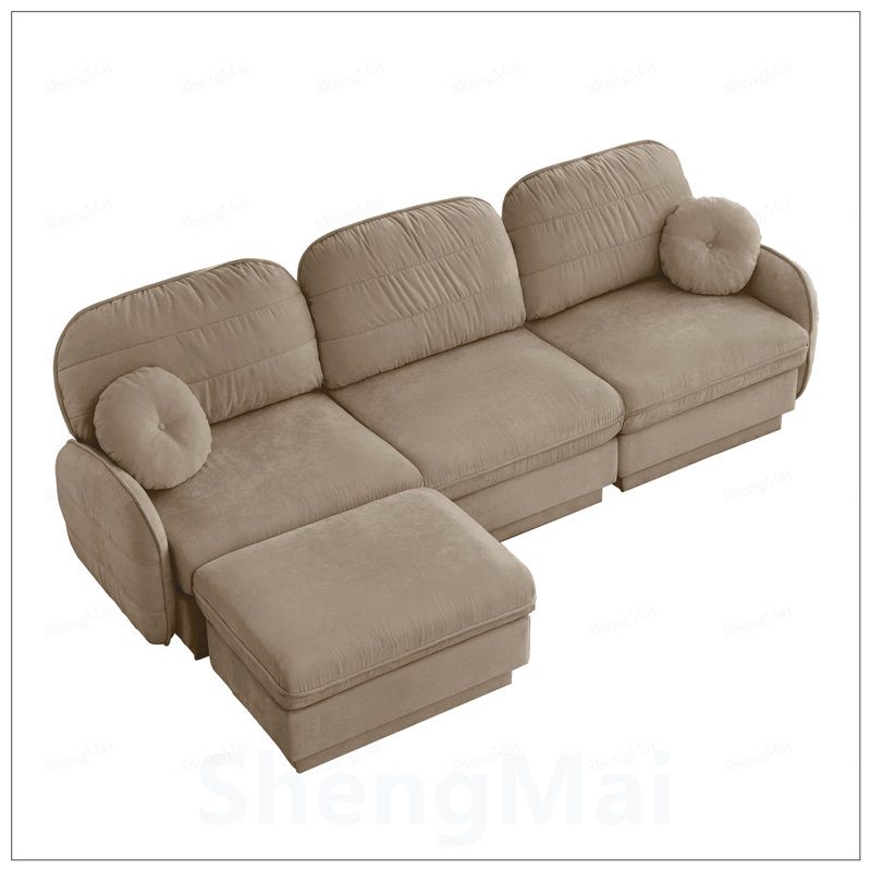 Canapé surdimensionné en L en chenille avec repose-pieds mobile, coussins ronds exquis et coussins de dossier matelassés pour un confort et un style ultimes