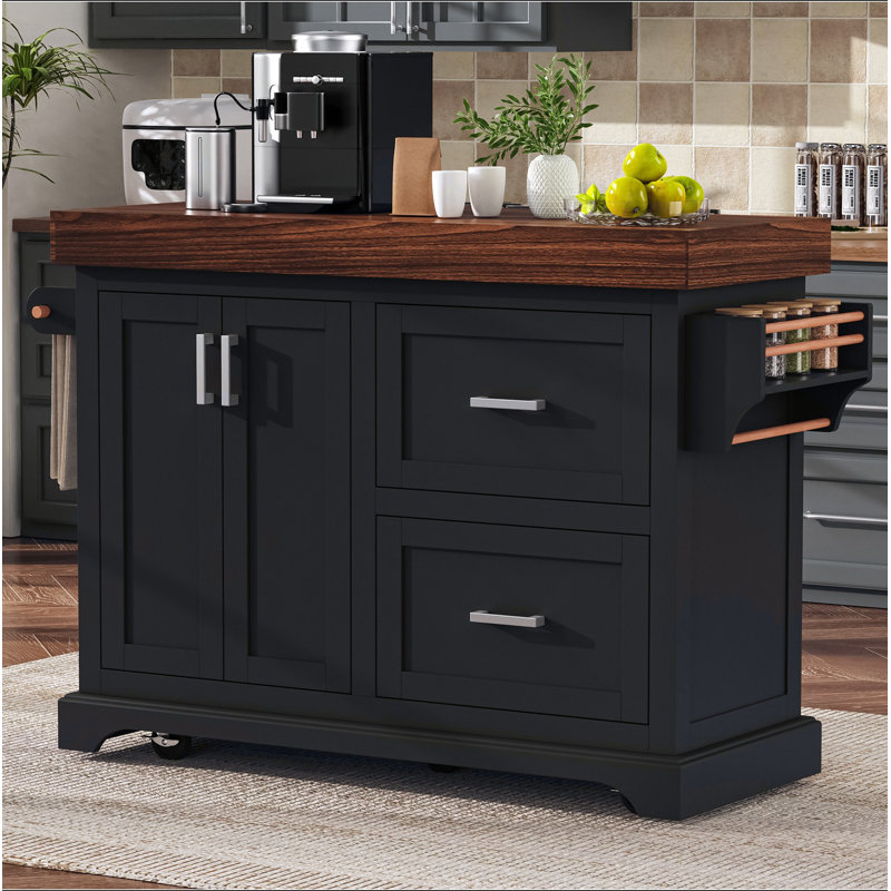 Grand îlot de cuisine de 53 po avec bureau de 3,5 po d'épaisseur, supports à épices et à serviettes, îlot de cuisine roulant avec rangement sur 5 roulettes, 2 très grands tiroirs, pour la maison, la cuisine, la salle à manger