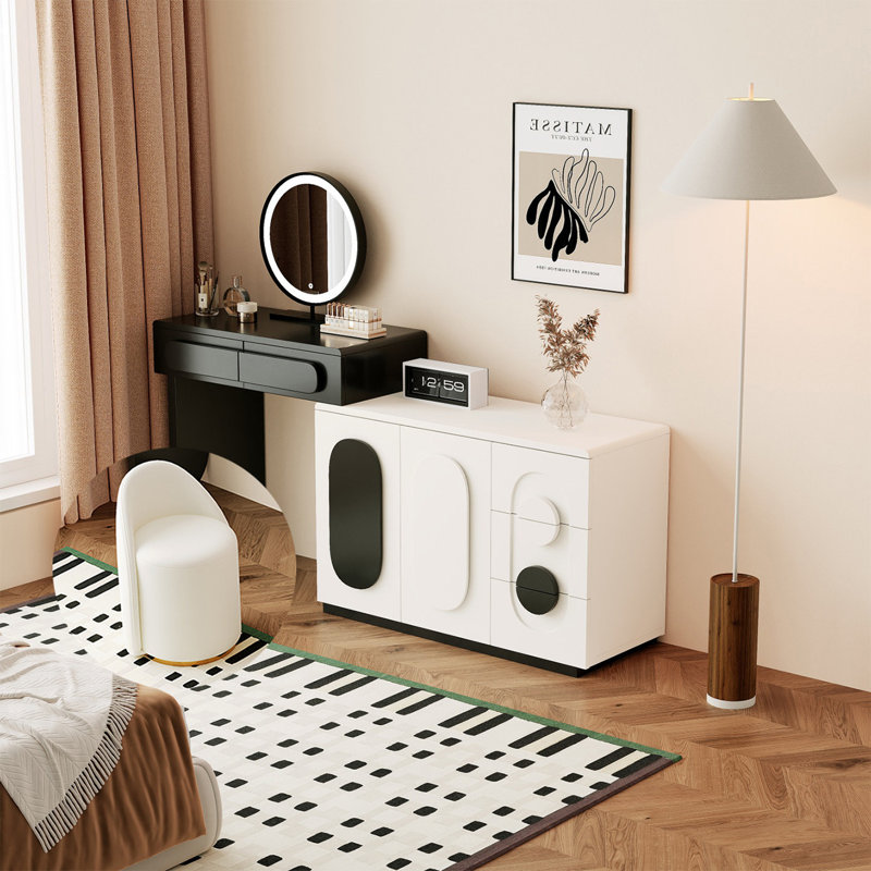 74.8"Modern minimalist cream-style chest of drawers and dressing table with a vanity mirror