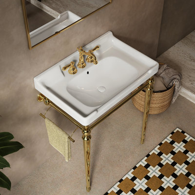 Évier de console de salle de bain 28 po, meuble-lavabo mural en céramique blanche, 3 trous de robinet, or, structure de support en acier inoxydable avec barre à serviettes, haute performance, facile à nettoyer, sans grattoir, sans lavabo,