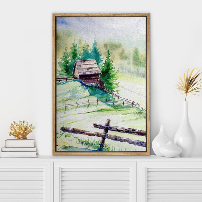 Paysage de forêt boisée «Spring Log Cabin Farm Pastel Forest» sur toile, Cadre naturel flottant, H 24 po x l 16 po