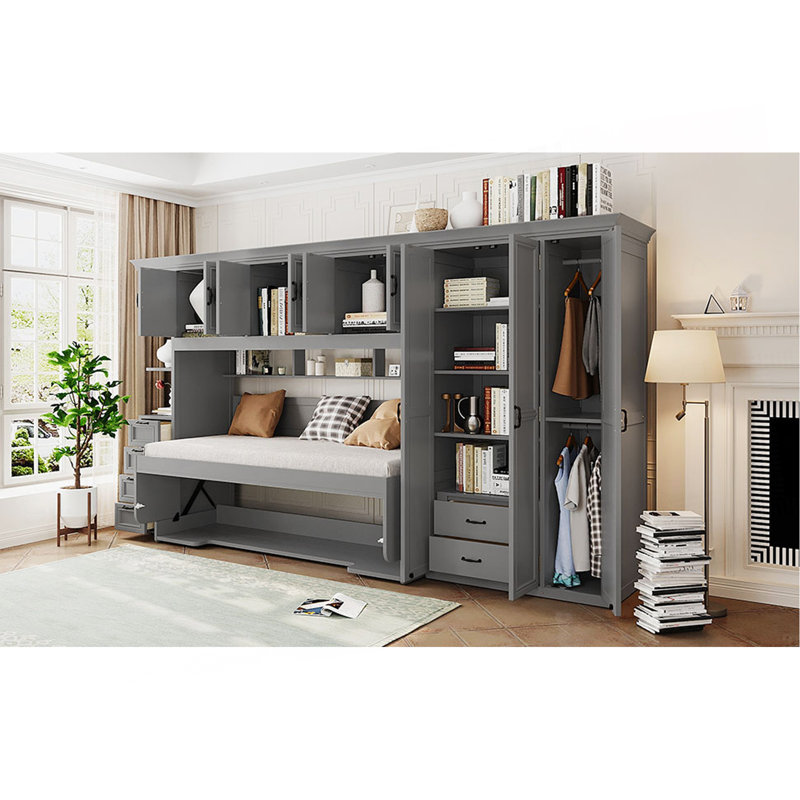 Lit escamotable simple avec garde-robe, armoire et bureau, gris, Gray