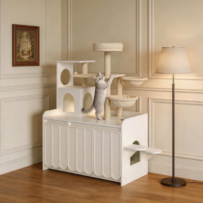 Arbre à chat blanc 56 po avec bac à litière caché et poteaux en sisal