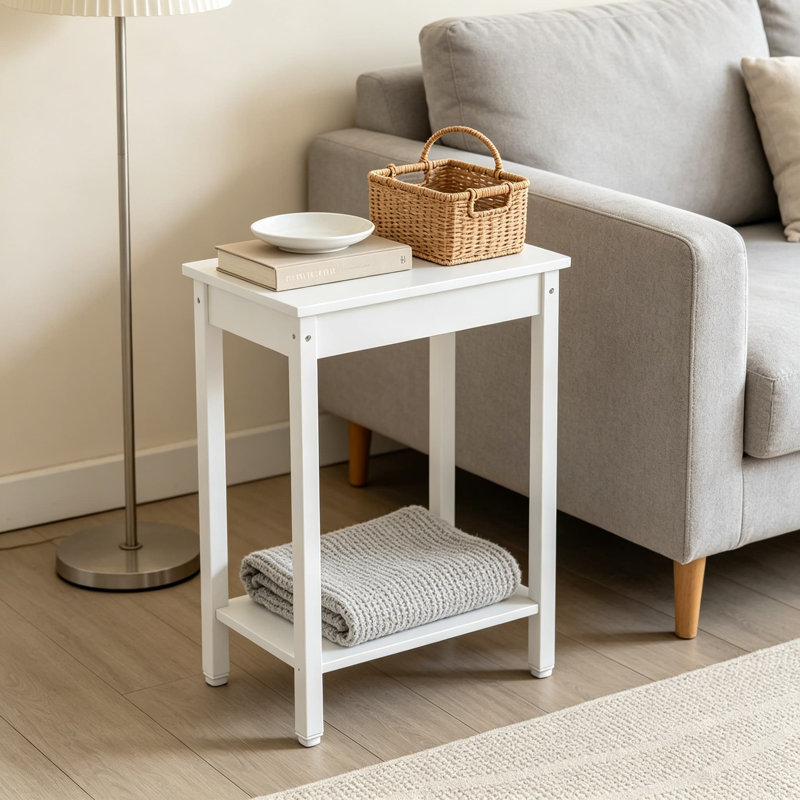 Petite console blanche avec tablette, porte étroite étroite pour un couloir, un vestibule, une rallonge de canapé derrière le canapé ou un comptoir de cuisine