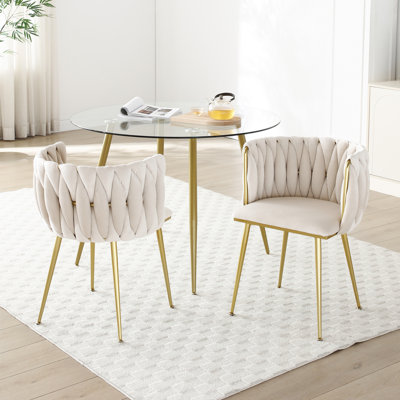 Modern Velvet Dining Chairs Set Of 2, Upholstered Woven Dining Chair With Golden Metal Legs, Comfortable And Stylish For Various Rooms